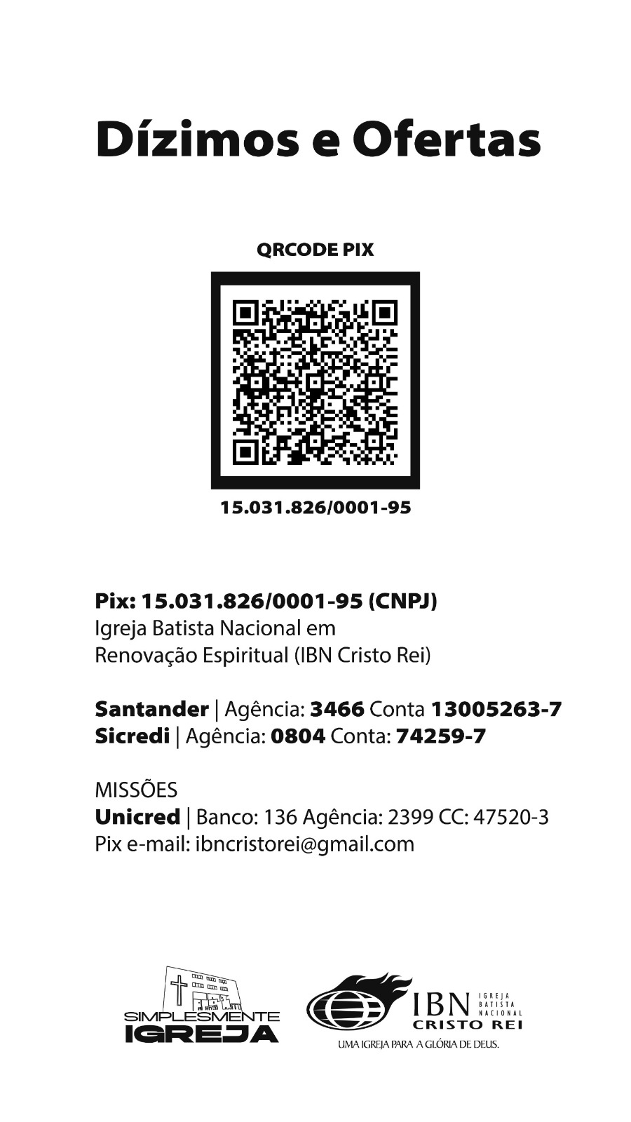 QR Code Pix para dízimos e ofertas da IBN Cristo Rei